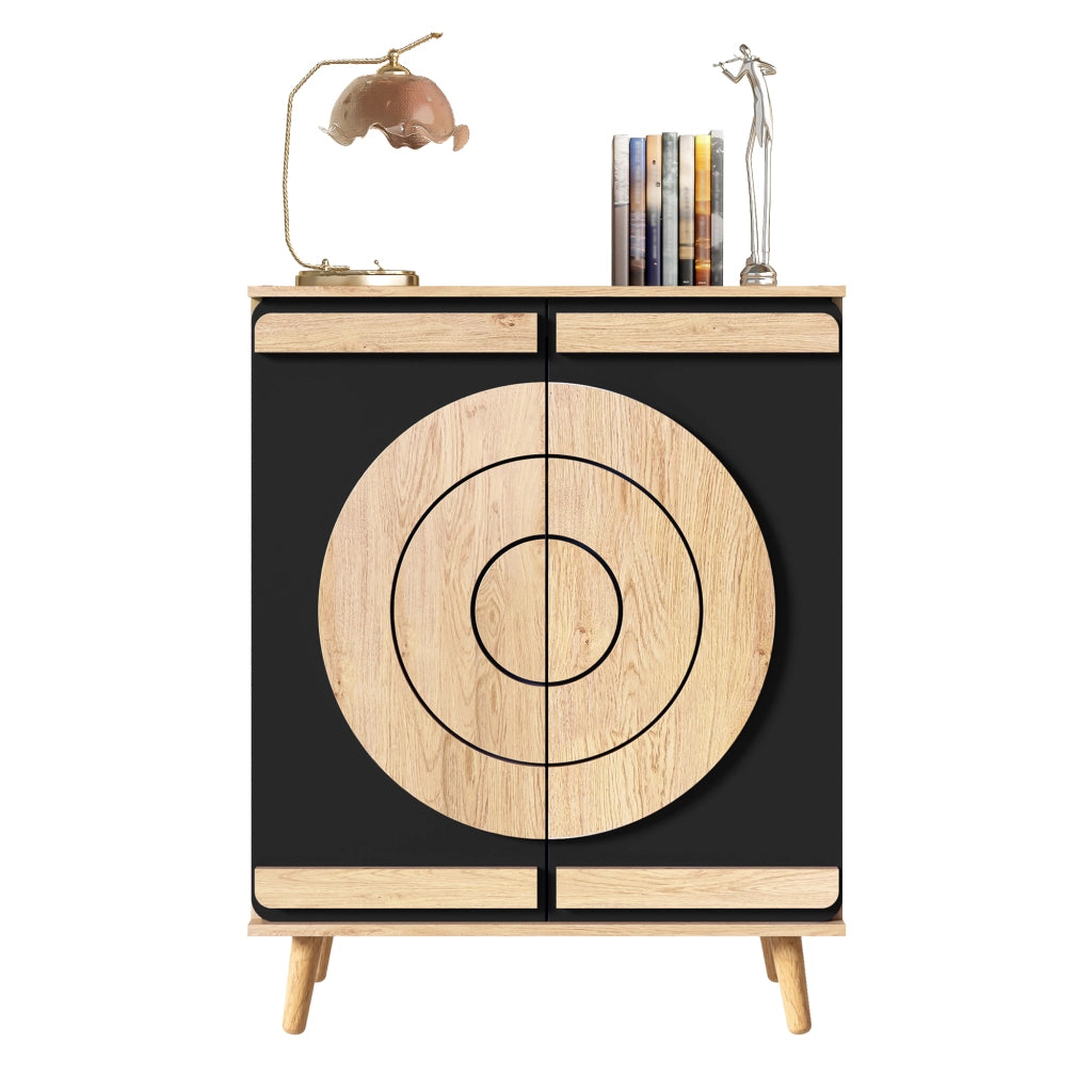 Mobile Scarpiera con 2 Ante Geometriche Rotonde; Ripiani Multilivello; Stile Moderno; in MDF; Nero; 76×37×98;5 cm