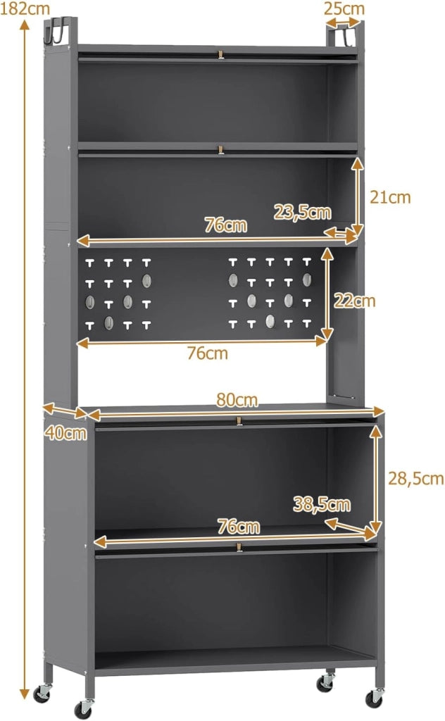 Credenza Alta per Cucina con 6 Ripiani e 4 Ante a Ribalta Traslucide, Mobile Cucina con Ruote e Panello a Ganci, Armadio Cucina Porta Microonde, per Soggiorno (Grigio, 80 x 40 x 178 cm)