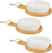 Set di piatti ceramici a forma rotonda in tavola di bambù con manico - Rond - Ø 11 cm - Bambù - Ceramica - Tapas + Amici - Sabbia chiaro - Bianco - 696422E2