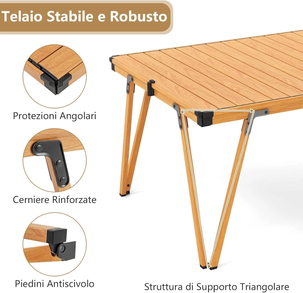 Tavolo da Campeggio Pieghevole, Tavolo da Picnic con Borsa Trasporto e Piano Impermeabile, con Struttura in Alluminio, per Giardino Campeggio, Portata 80 kg (Naturale)
