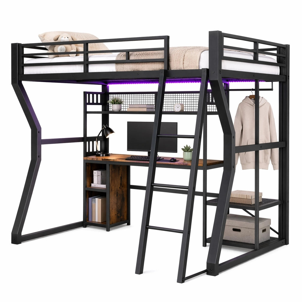 Letto a soppalco 140x200 cm in metallo e MDF con scrivania; luce LED e presa; nero