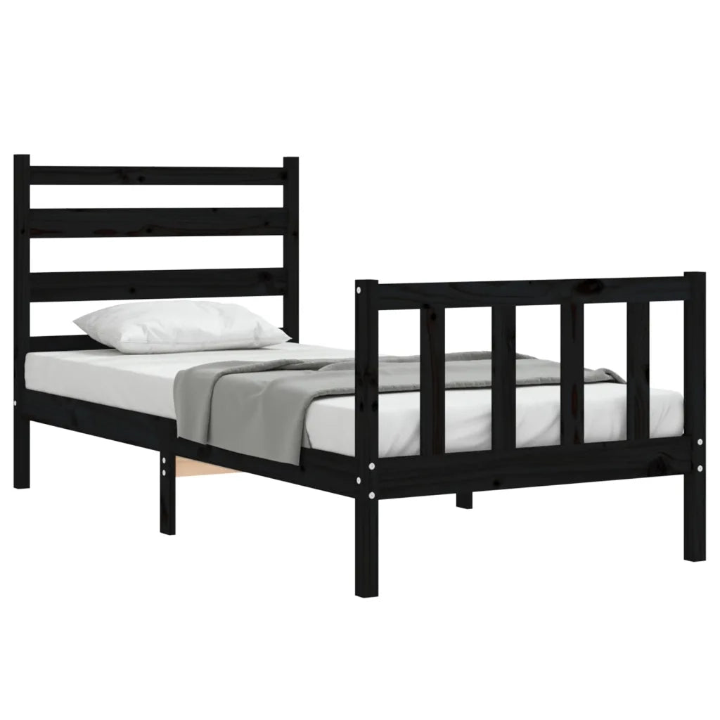 Letto singolo | Letto per adulti | Giroletto con Testiera Nero Small Single in Legno Massello