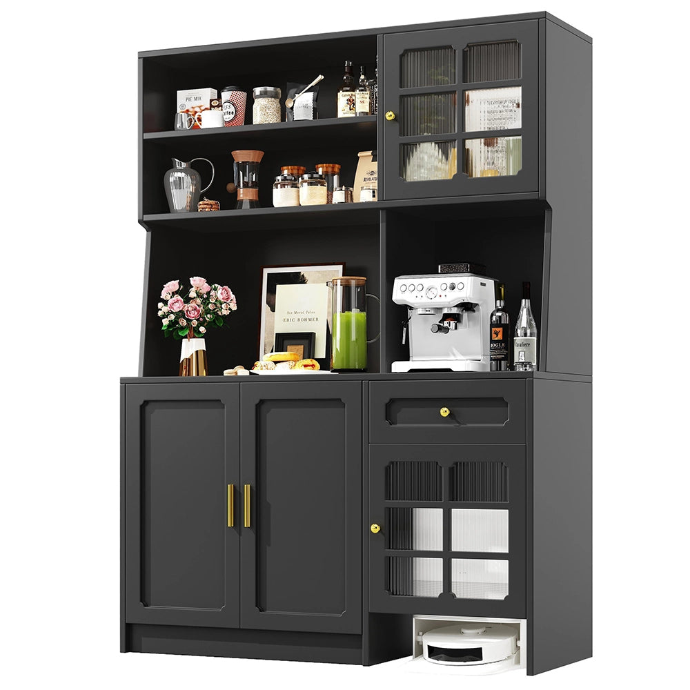 Credenza Cucina Alta 130x45x180cm - Xylo - con Ante Vetrate e Luci LED, Nero