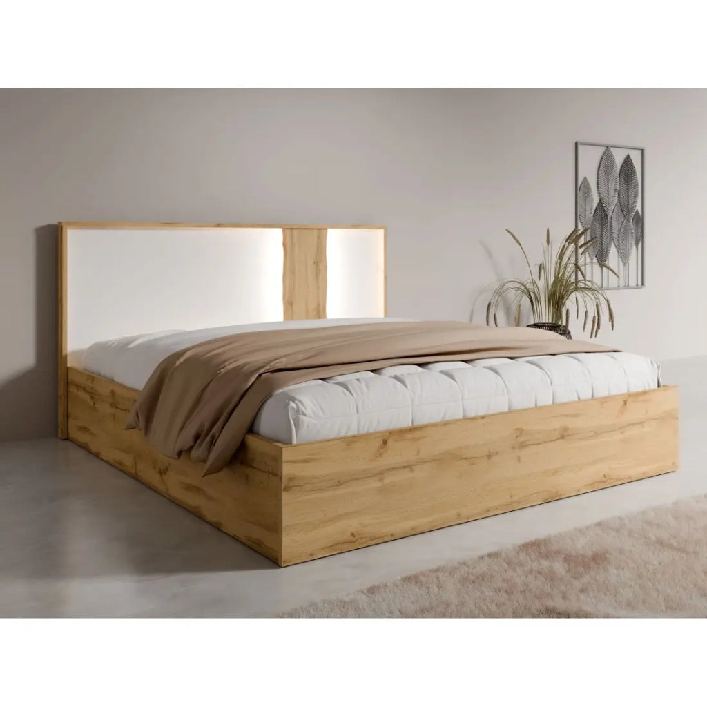 Pack letto contenitore WOOD 180 x 200 cm con 2 comodini – Bianco e quercia – Set camera da letto moderna