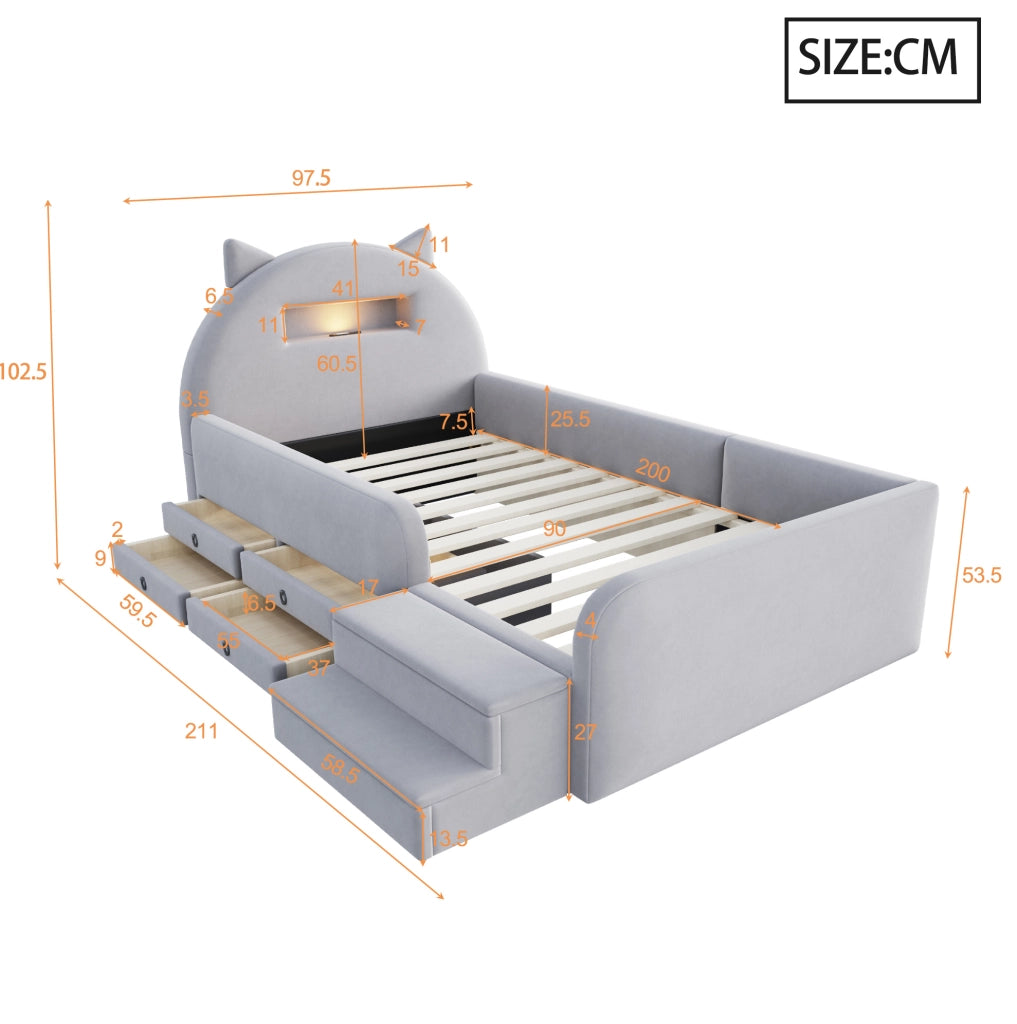 Letto imbottito per bambini 90x200 cm in velluto grigio chiaro con testiera a orecchie; USB; luce e cassetti