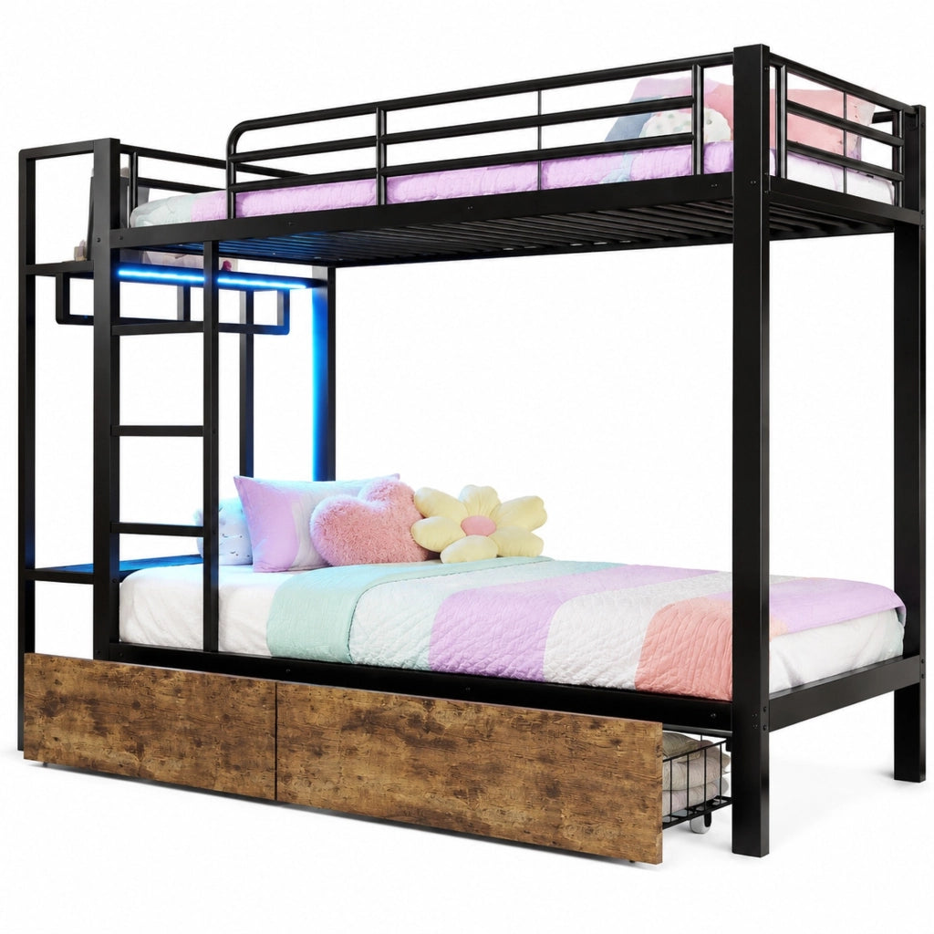 DESMIU Letto a castello 90 × 200 cm con 2 cassetti, ripiani, barra appendiabiti e LED, senza materasso