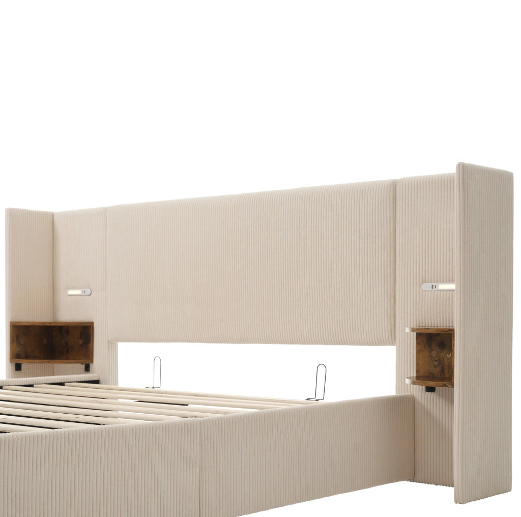 Letto matrimoniale 160x200 beige con contenitore, luce e ricarica USB