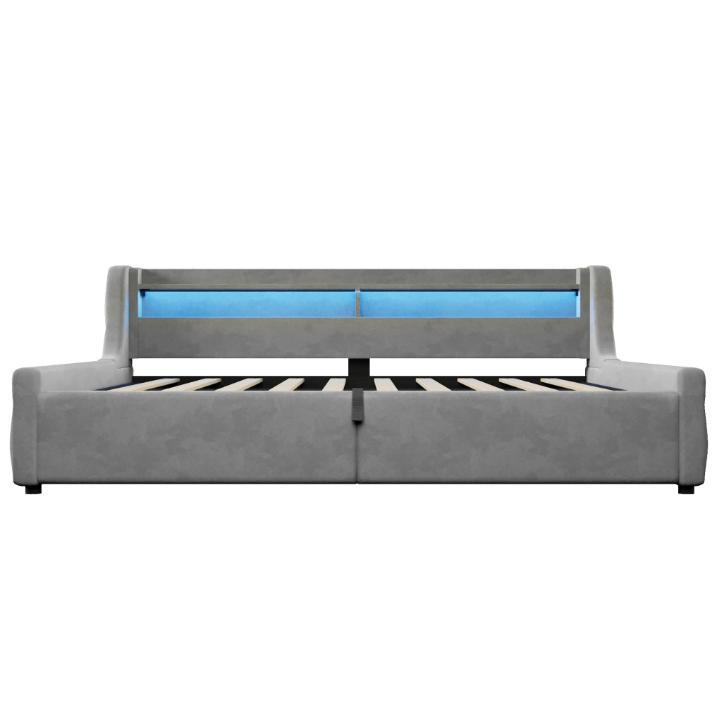 Letto 90x200 cm con contenitore e LED in flanella grigio