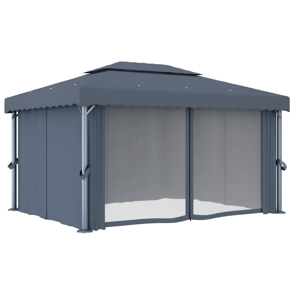 Gazebo con Tende e Stringa di Luci LED 4x3 m Antracite