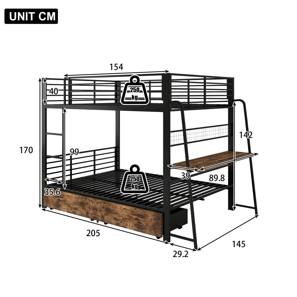 Letto a soppalco 140 × 200 cm con scrivania, 2 cassetti, LED RGB, presa USB e Type-C, senza materasso, nero