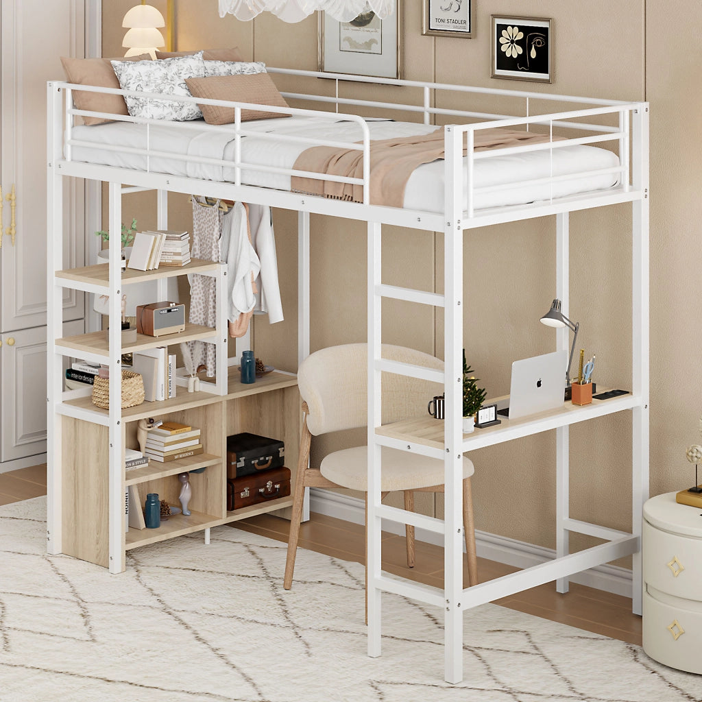 Letto a castello bianco con scrivania funzione presa usb scaffali in metallo 90x200 cm