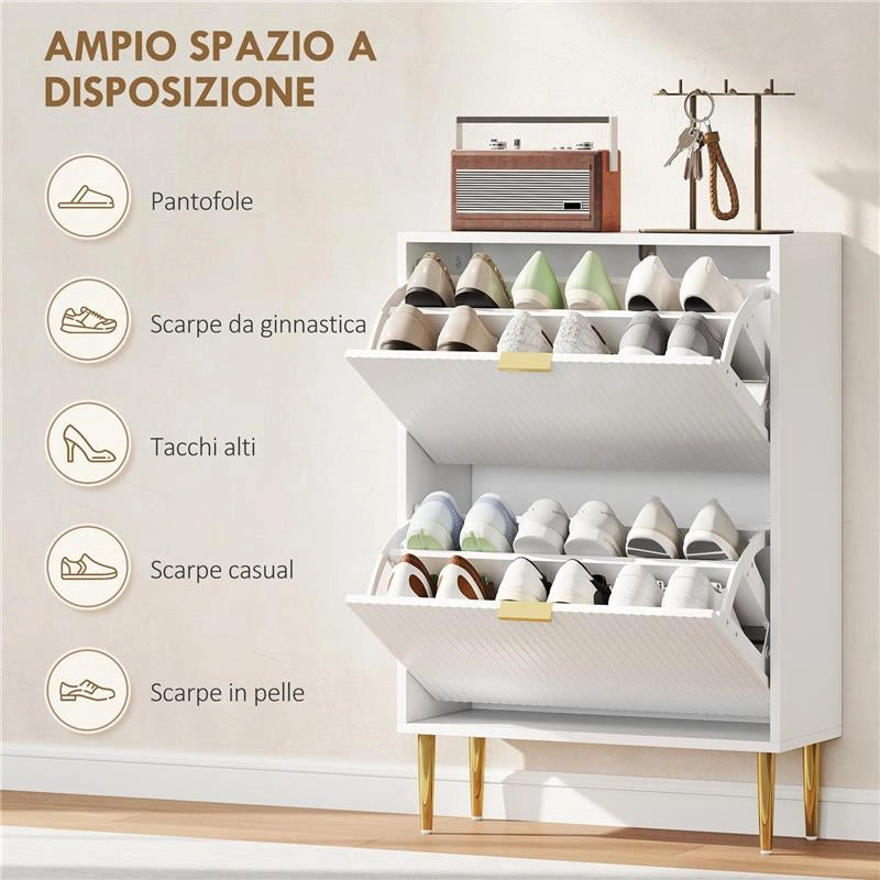 SCARPIERA SLIM PER 12 PAIA DI SCARPE CON 2 CASSETTI A RIBALTA E RIPIANI REGOLABILI, 60X24X91.5 CM, BIANCO
