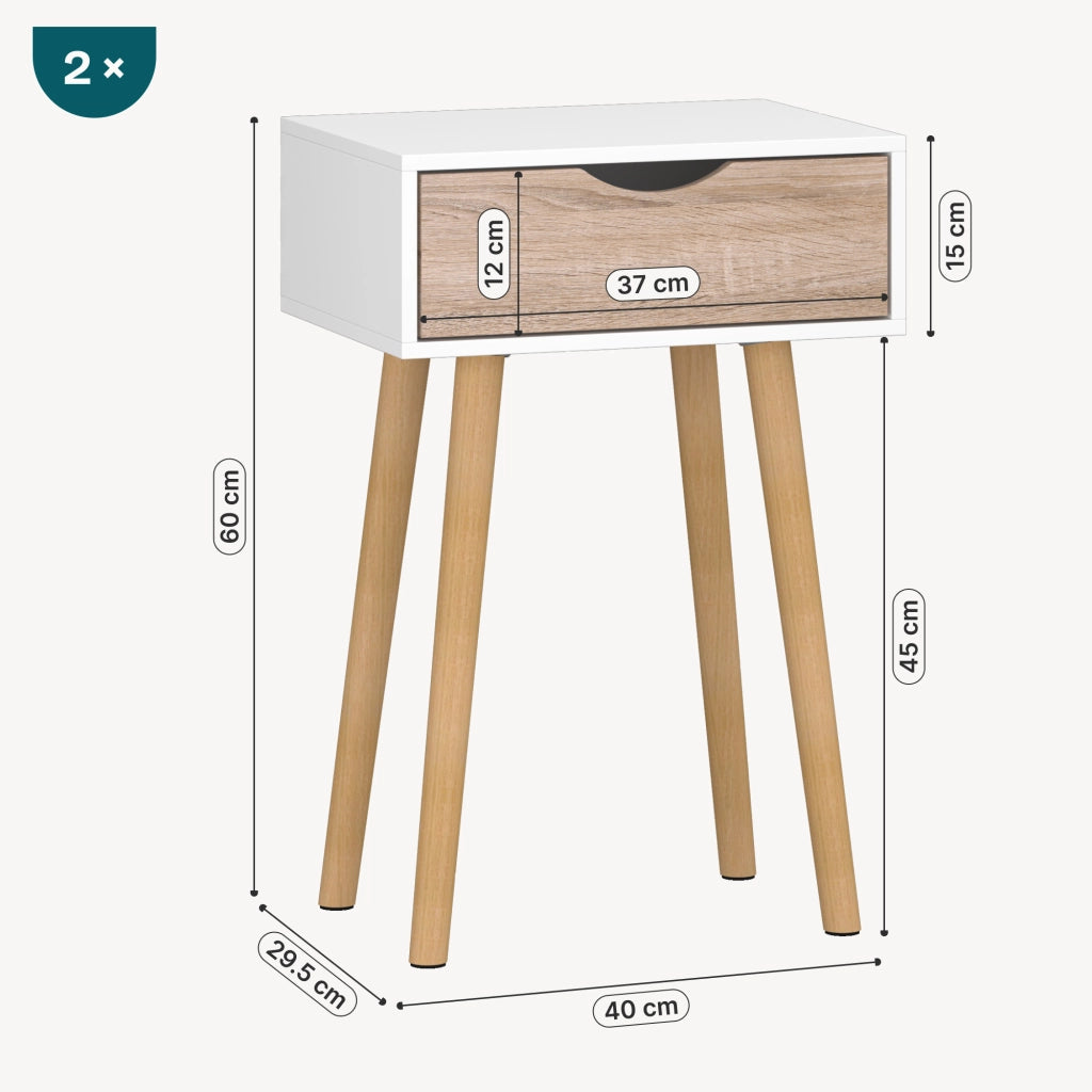 Set Östersund di 2 Comodini con Cassetto - Bianco / Effetto Rovere [en.casa]