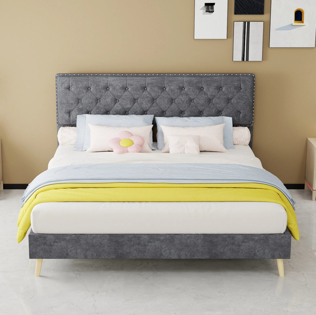 Letto imbottito 160x200 cm in velluto grigio con testiera alta e materasso incluso