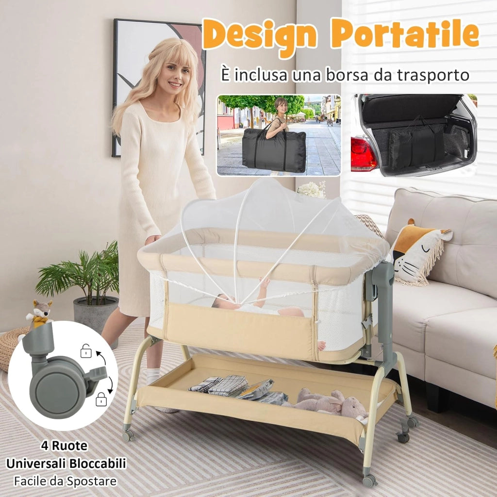 Culla Neonato Fianco 4 in 1, Culla Co-sleeping con Spondina Aperto, Altezza Regolabile, Inclinabile, Materasso Ruote Borsa da Viaggio Zanzariera Inclusi, 0-6 Mesi Fino a 9 kg (Beige)