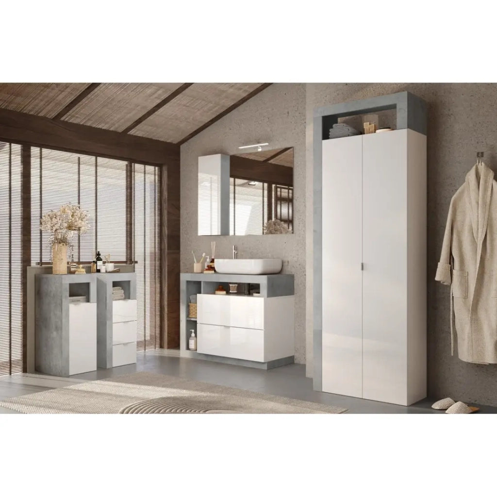 Cassettiera per bagno BURA – 3 cassetti – L35 cm – Bianco lucido laccato e grigio effetto cemento