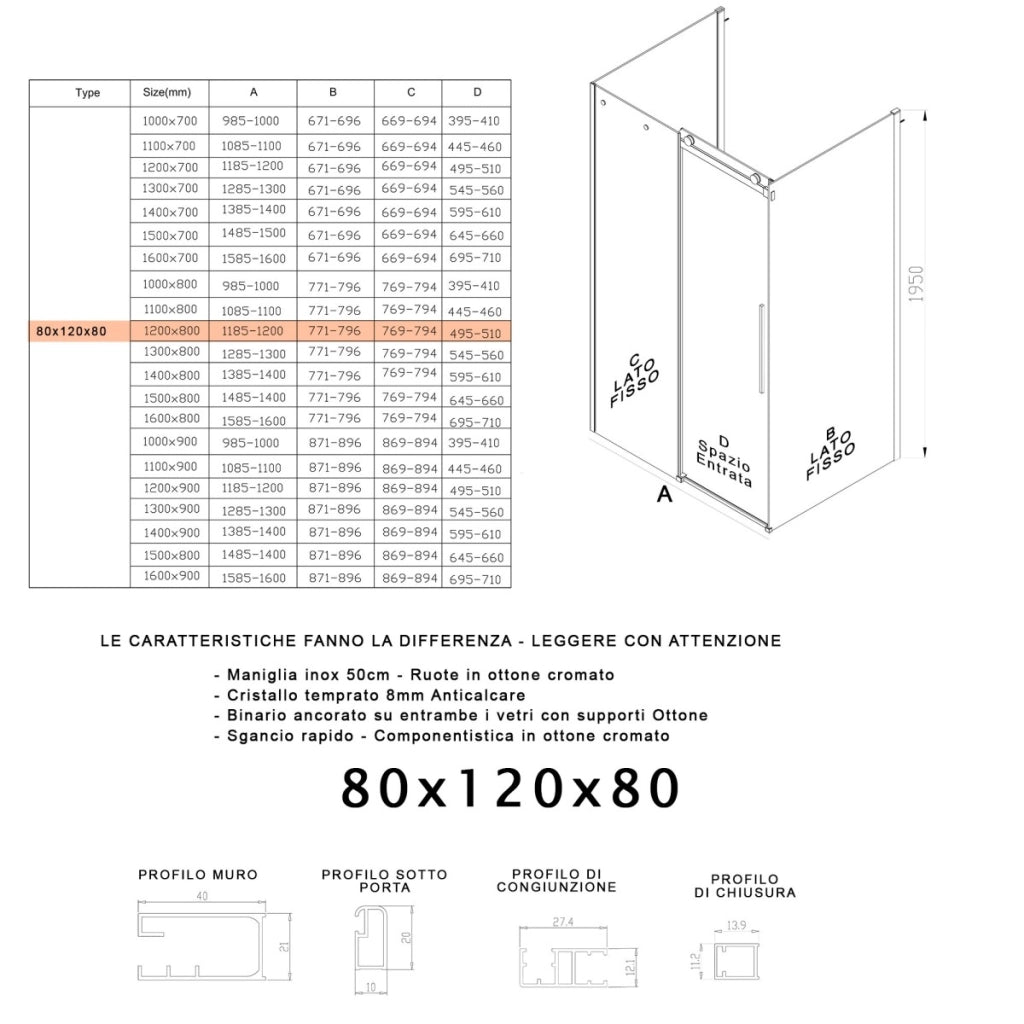 Box doccia 3 lati fume porta scorrevole h195 8mm euclide, misura 80x120x80