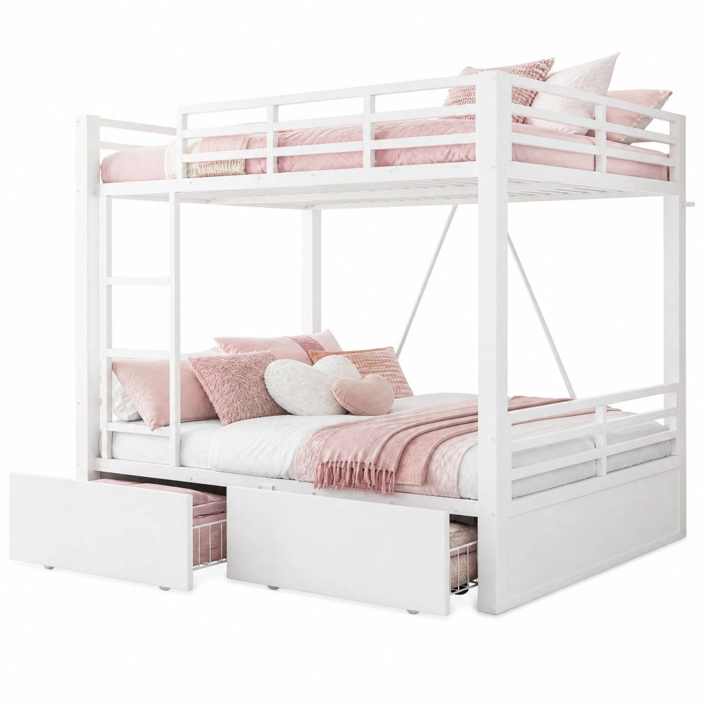 Letto a castello in metallo 140x200 cm con cassetti, scala e sponde di sicurezza, bianco