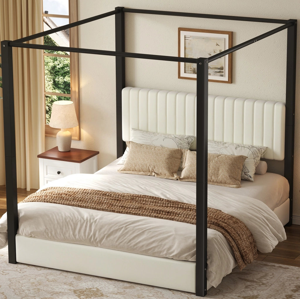 Letto a baldacchino imbottito 180x200 cm in velluto beige e nero con struttura in metallo