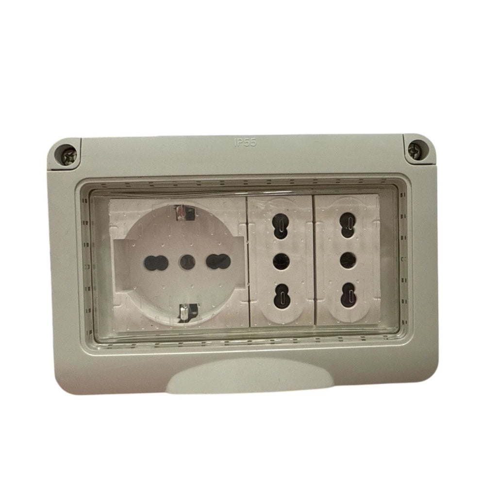 Cassetta elettrica pronta all'uso per esterno IP55 presa Schuko + 2 prese universali