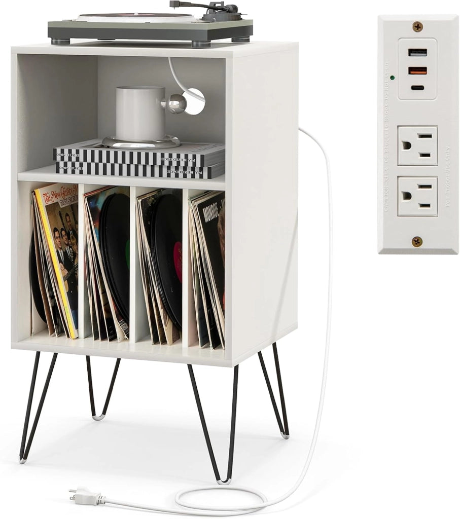 Supporto per Giradischi, Porta Vinili con 5 Scomparti di Archiviazione, Presa di Corrente e Porta USB e TYPEC, per Soggiorno, Camera da Letto e Ufficio, 48 x 40 x 88 cm (Bianco)