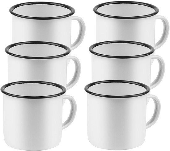 Set di 6 Mok Emaille - Riscaldabile - Reutilizzabile - Bianco Blu - 350ml - Adatto per Caffè - Regalo di Compleanno