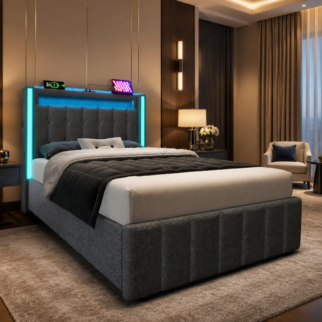 Letto singolo 90x200 cm con LED; 3 USB + 1 Type-C e 2 cassetti; lino grigio