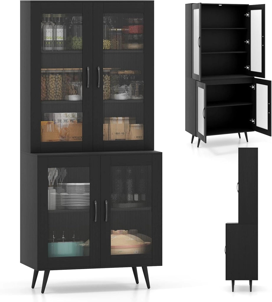 Credenza Alta da Cucina con 4 Ante Trasparente, Armadio a Buffet a 5 Livelli con Ripiani Regolabili, Mobile Dispensa, per Sala da Pranzo, Soggiorno, Bagno, 80 x 40 x 178,5 cm (Bianco)