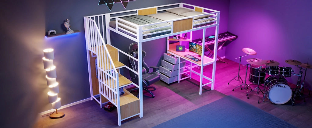 Letto a soppalco 90 × 200 cm con scrivania, ripiani, barra appendiabiti, LED, presa, senza materasso, metallo bianco