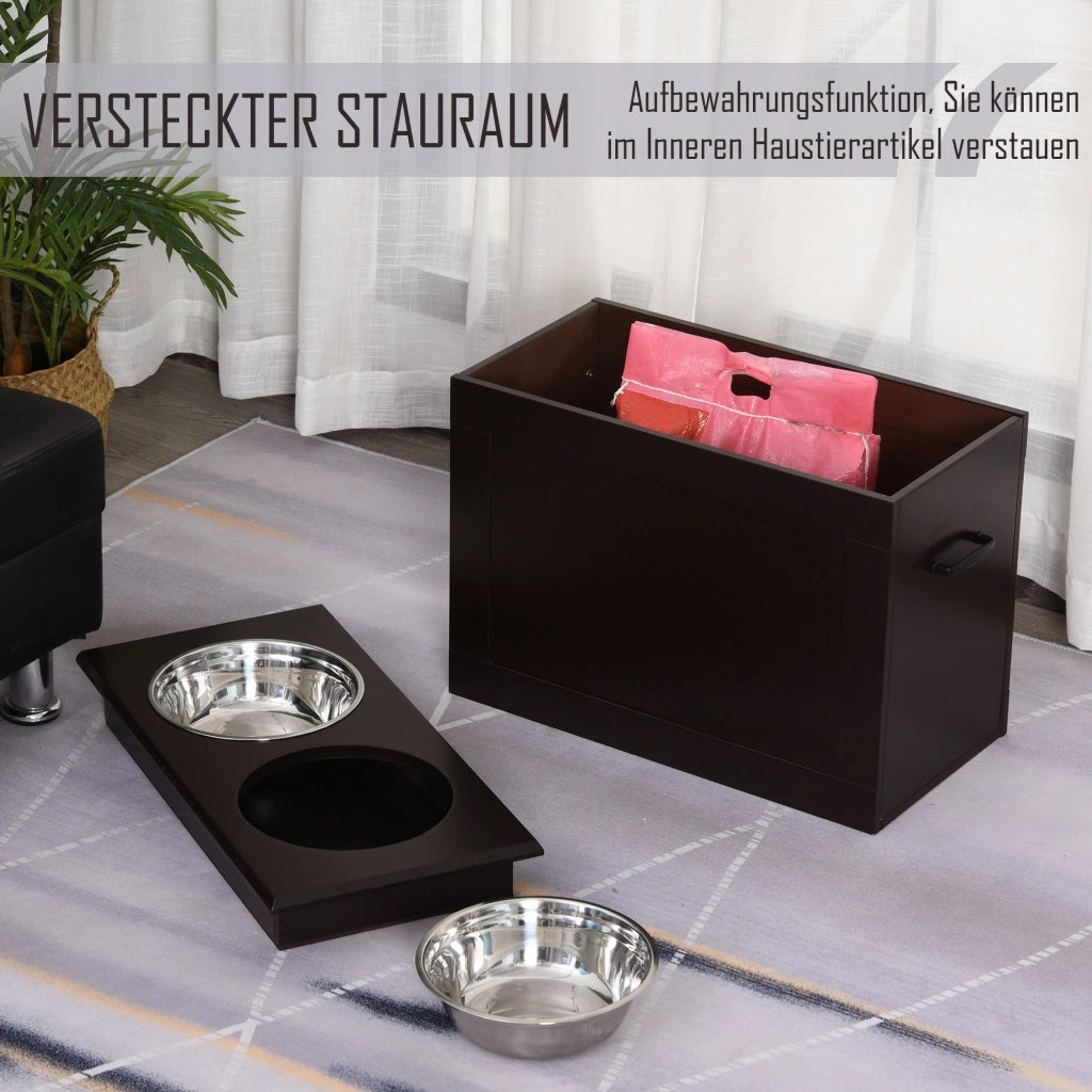 Scaffale rialzato con due ciotole e vano nascosto per cani grandi e anziani con maniglia laterale in MDF marrone 60 × 30 × 41 cm