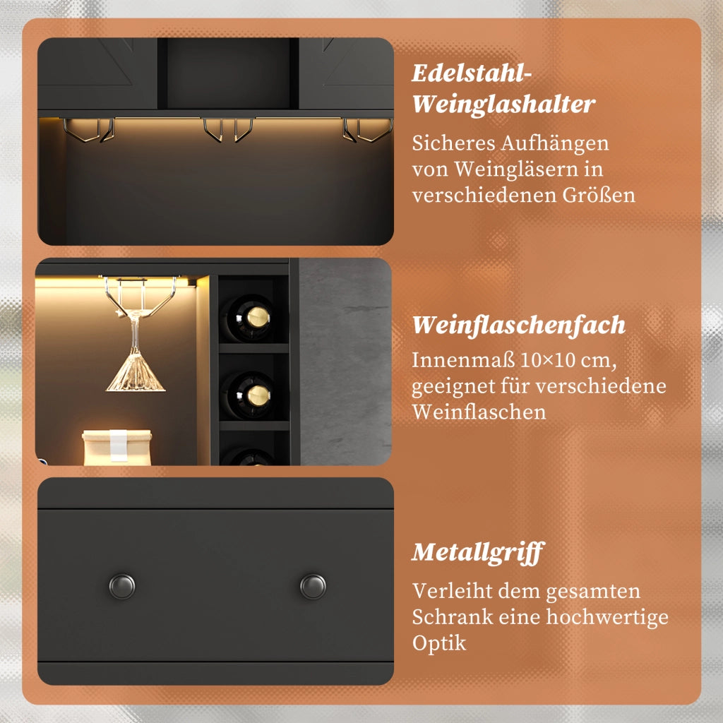 Credenza con ripiani regolabili; cassetto e LED - per cucina - in MDF - 105×40×180 cm - nera