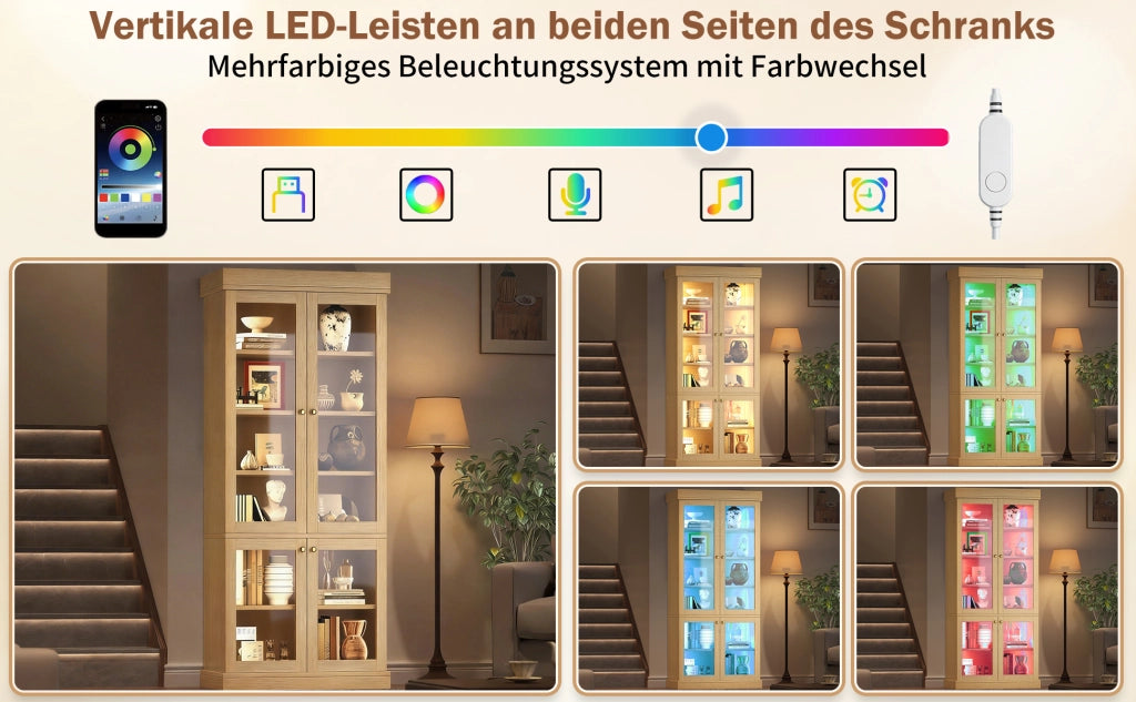 Armadio con LED e ripiani per soggiorno, 2 sistemi antiribaltamento, in MDF e vetro, legno naturale, 160 × 40 × 180 cm