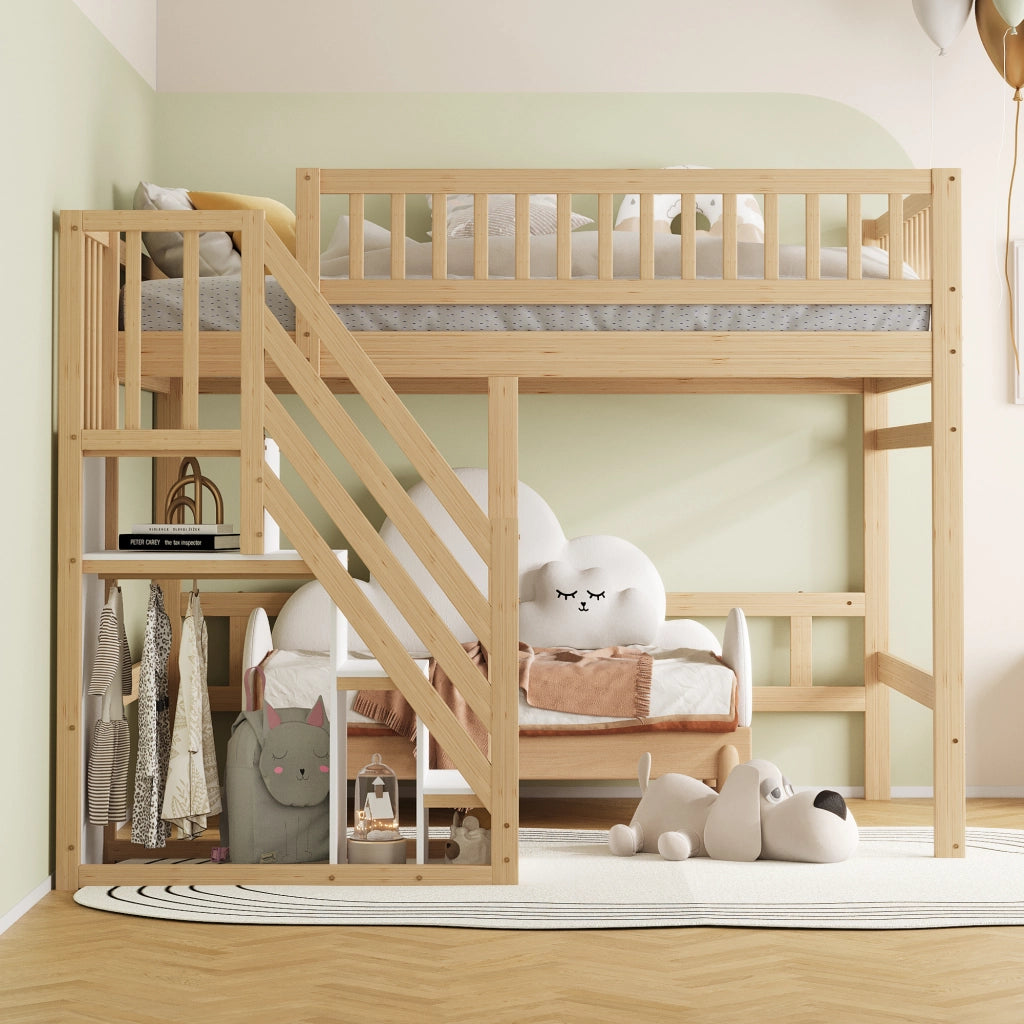 Letto in legno massello naturale con scala e vano contenitore altezza parapetto 140x200 cm