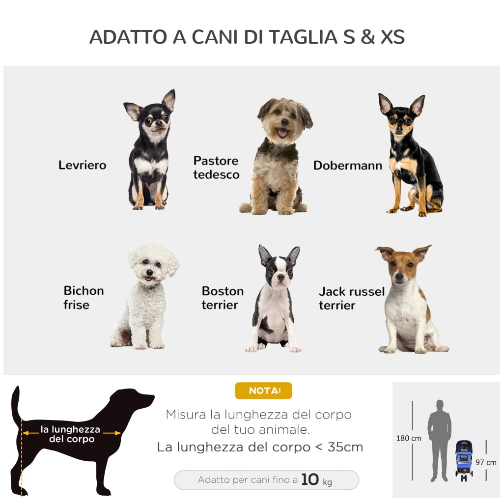 EasyComfort Passeggino per Cani Piccoli Pieghevole, Carrozzina per Cani con Ruote con Freni, Portabicchieri, Cestino Portaoggetti e Imbottitura Rimovibile e Lavabile, per Animali Domestici 10 kg, Blu