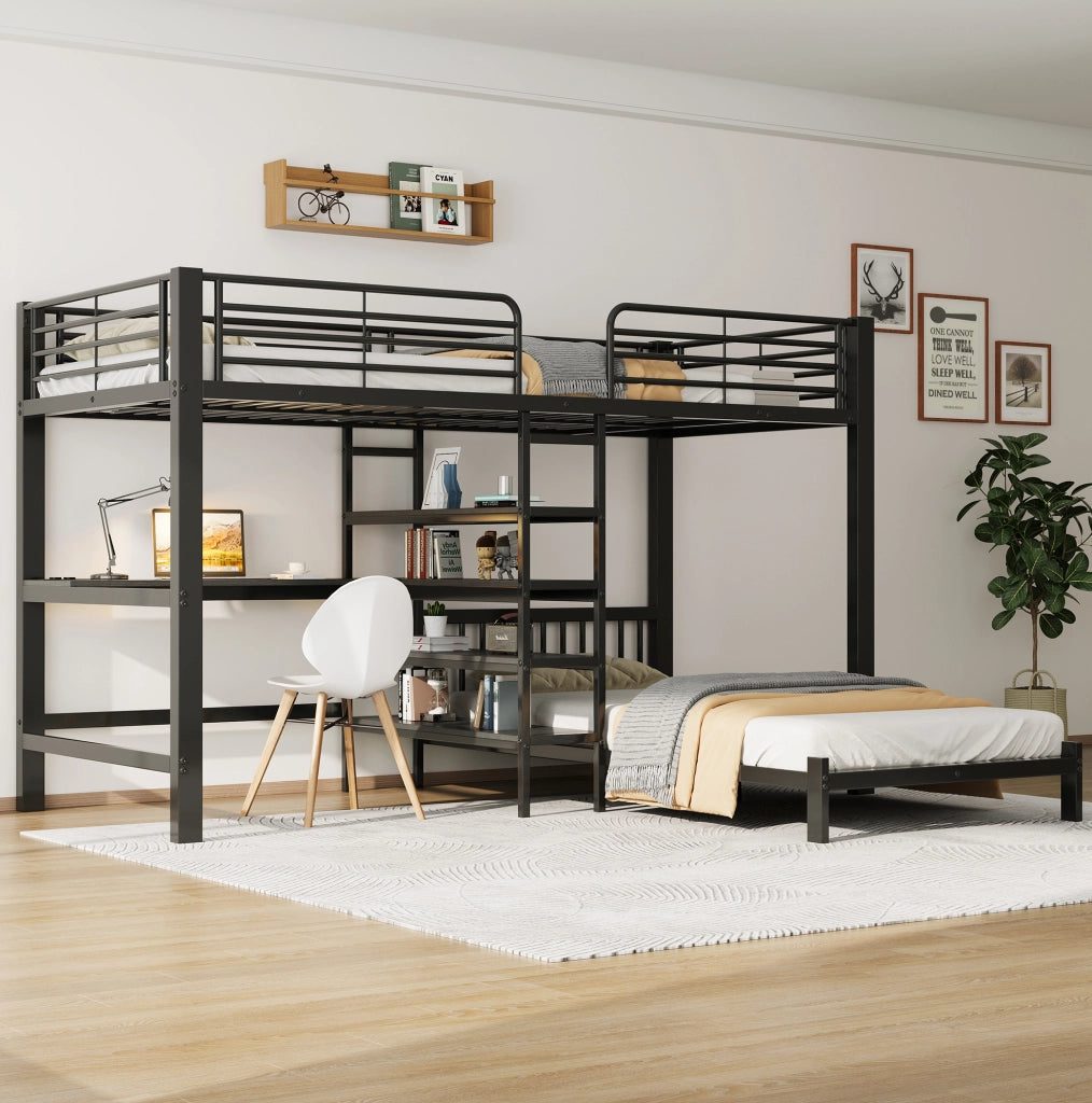 Letto a soppalco con scrivania 90x200 cm; struttura in metallo e MDF; nero