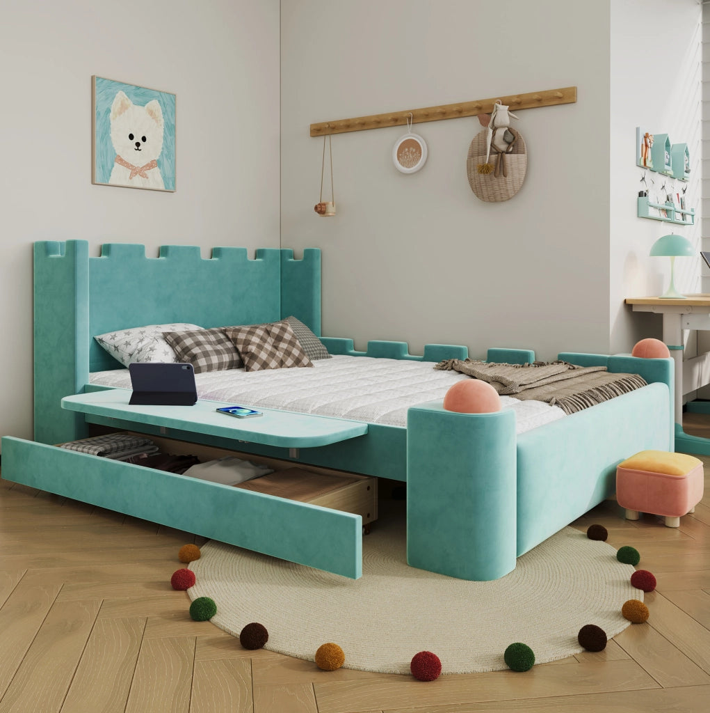 Letto imbottito per bambini 140x200 cm con cassetto contenitore e ripiano pieghevole