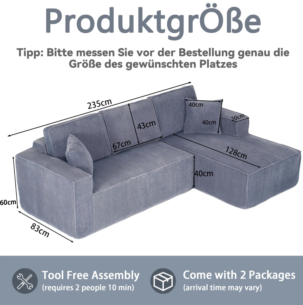 Divano angolare modulare a L; 2 posti con chaise longue; 235 x 128 x 60 cm; velluto a coste grigio