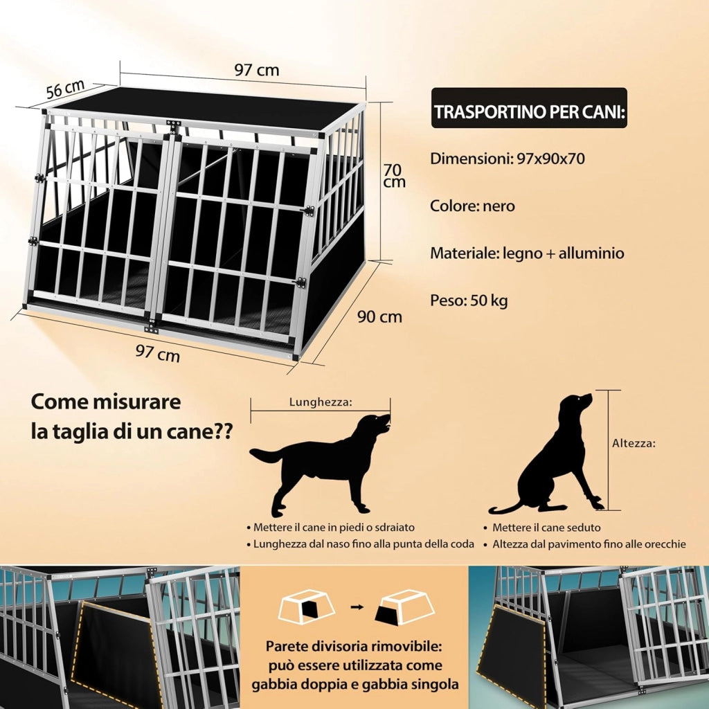 ® Trasportino Cani XXL 97x90x70cm Richiudibile Alluminio Impermeabile Box Auto Cagnolini