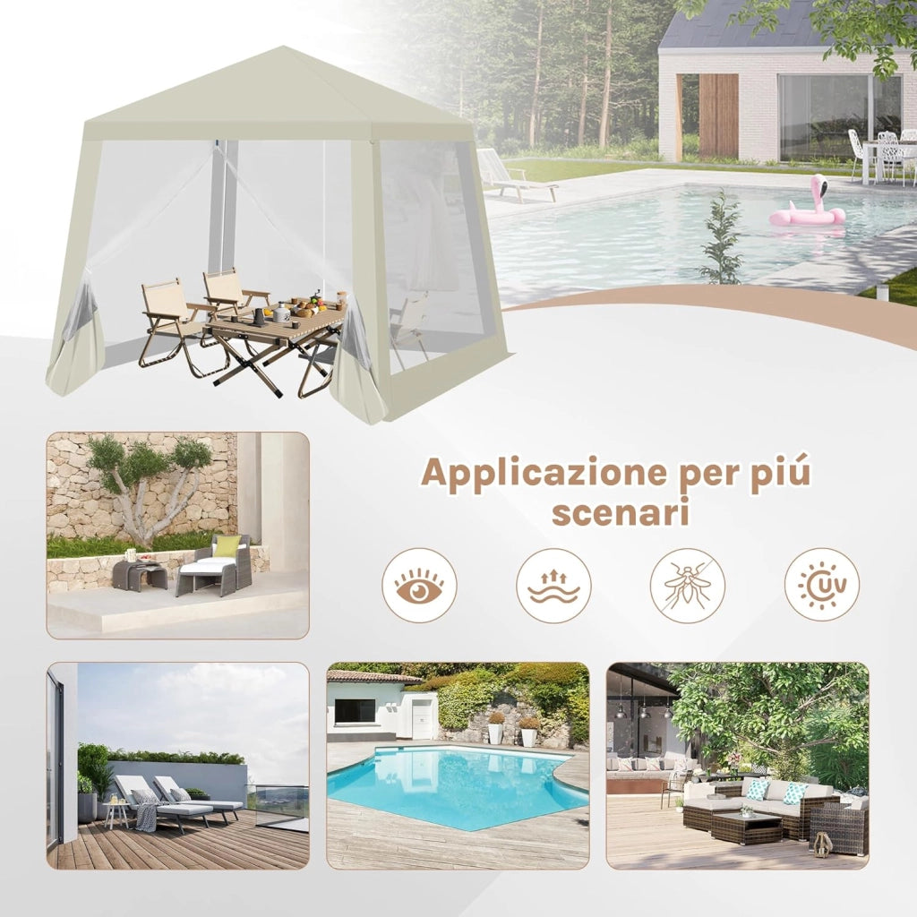 Gazebo 3x3 Pieghevole Idrorepellente, Pergolato da Giardino, Gazebo da Esterni, con Pareti Laterali a Zanzariera, per Campeggio, Feste, Beige