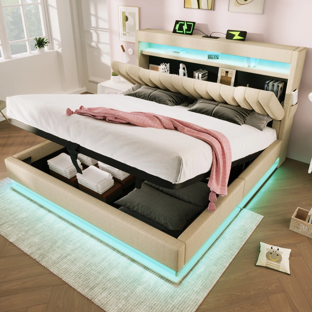 Letto matrimoniale – 140x200 cm – USBC LED testa/piedi contenitore – lino beige