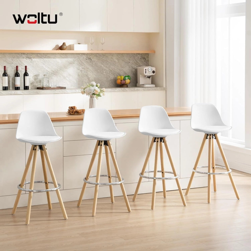 Sgabelli da Bar Sedia Cucina in PU Gambe Legno Schienale di Plastica, Bianco 2 Pezzi