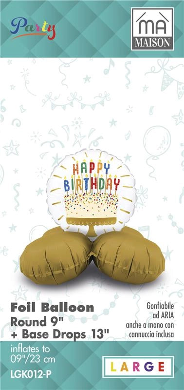 MA MAISON MYLAR PALLONCINO "WHITE GOLD" SCRITTA "HAPPY BIRTHDAY" + BASE 23X9 CM CANNUCCIA INCLUSA