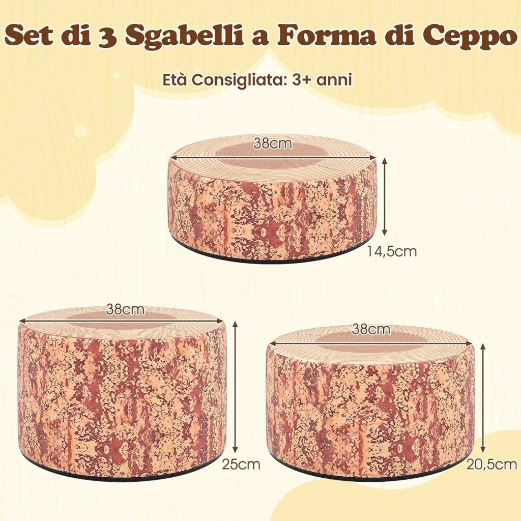 Set di 3 Sgabelli a Ceppo d'Albero, Cuscini da Pavimento per Bambini con Stampa Legno, Decorazione Naturale e Altezze Diverse, Sgabelli Rotondi per Aula, Casa e Asilo (Legno)