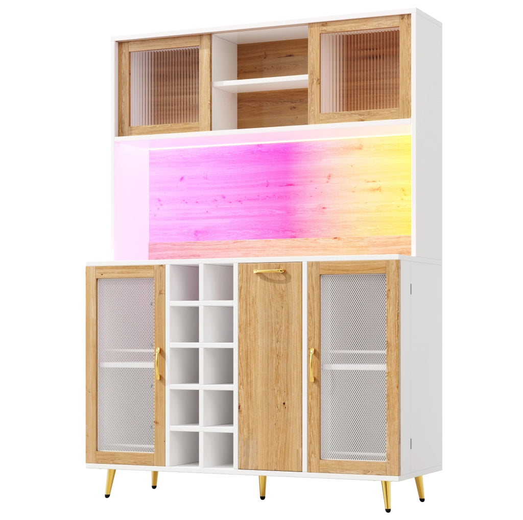 Credenza con illuminazione LED; portabottiglie e presa integrata in MDF bianco e naturale