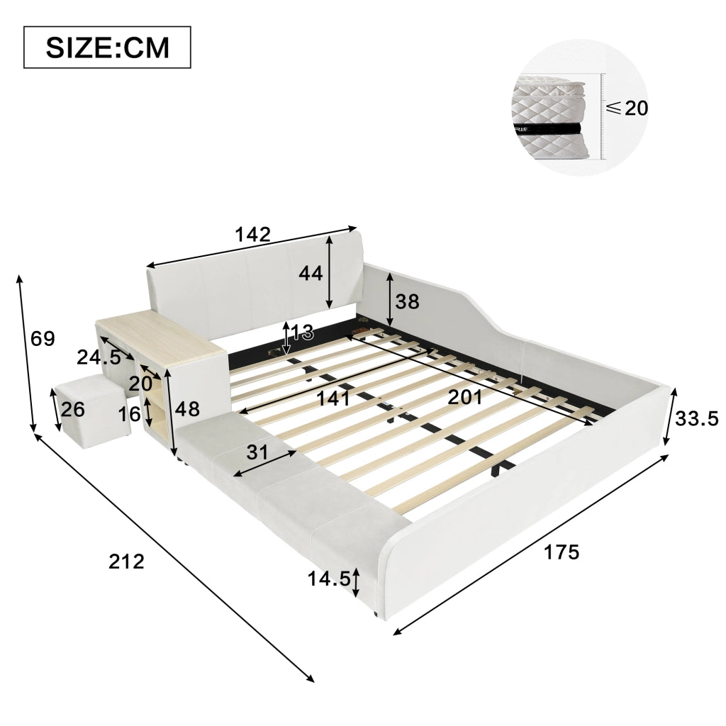 Letto Combinato 140 x 200 cm - Scrivania; Sgabello e Mensola - in Velluto - Bianco