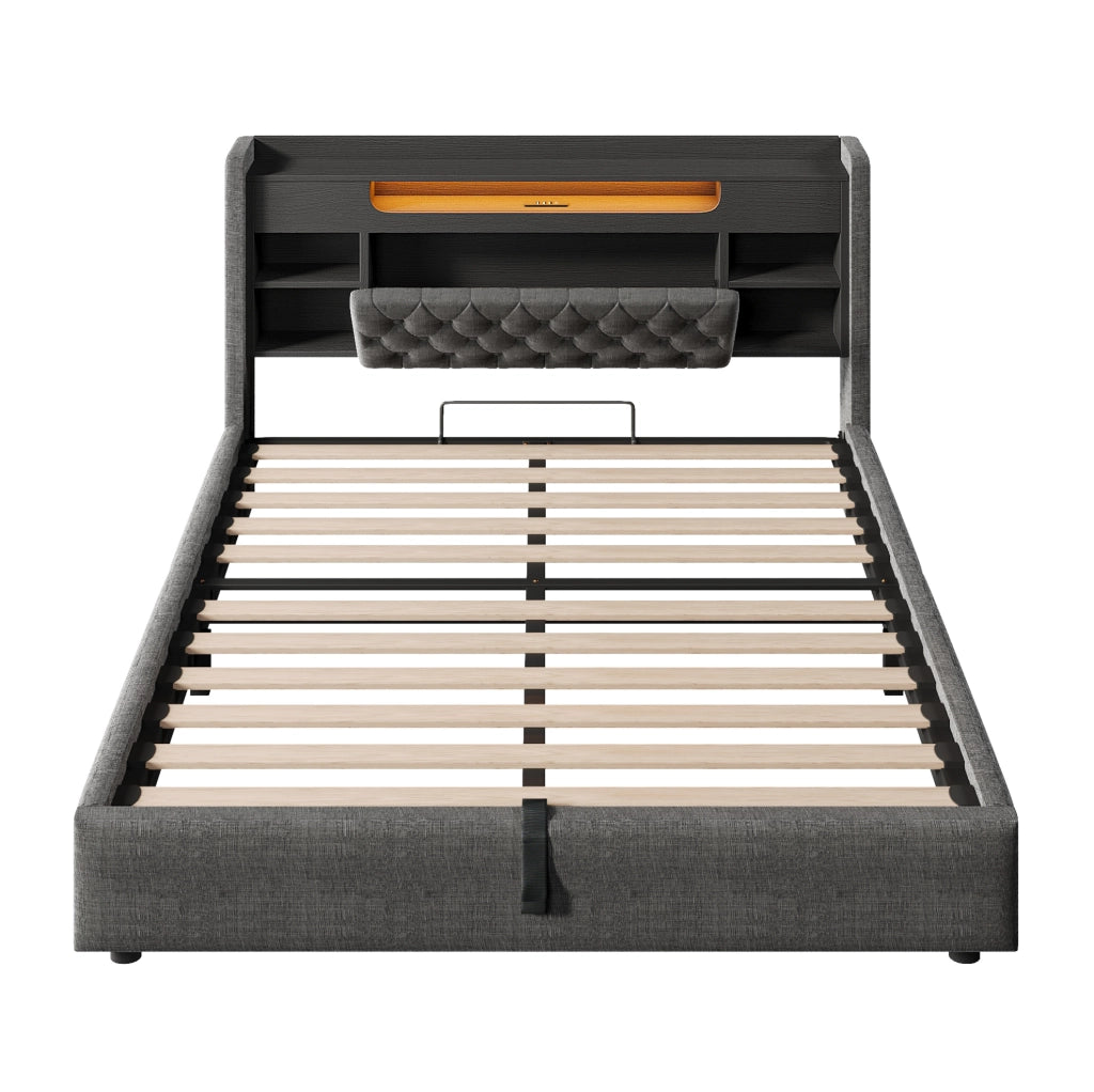 Letto imbottito ULEVR 140x190 cm con contenitore idraulico, LED, USB e USB-C, testiera con ripiani grigio