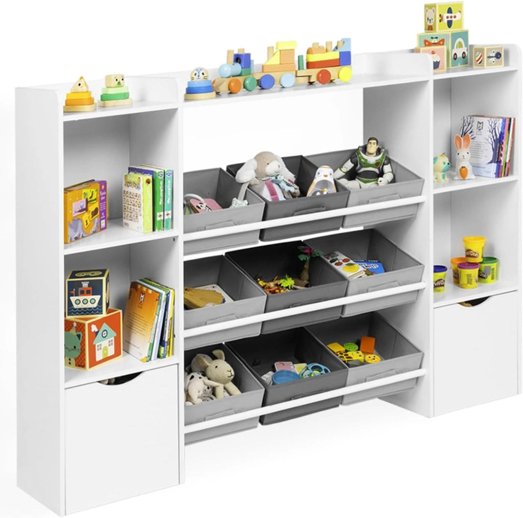 Contenitore per bambini MANA con 7 ripiani, 6 contenitori in tessuto e 2 cubi su rotelle, bianco