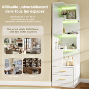 Libreria angolare con LED e 2 cassetti 4 ripiani aperti per soggiorno e camera da letto bianca 165 × 45 × 45 cm