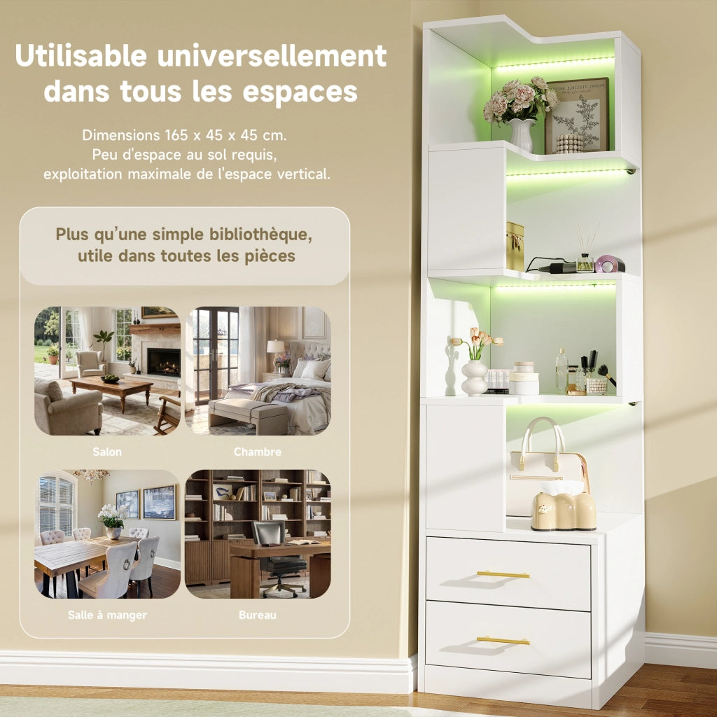 Libreria angolare con LED e 2 cassetti 4 ripiani aperti per soggiorno e camera da letto bianca 165 × 45 × 45 cm