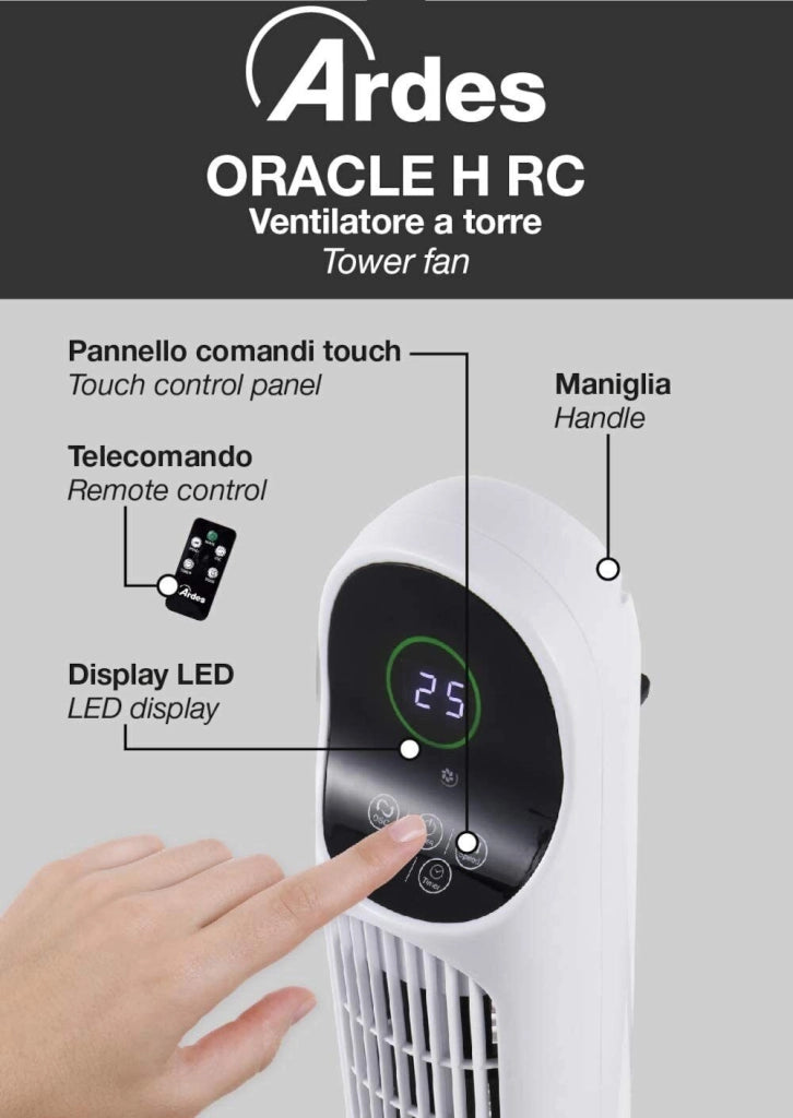 Ardes AR5T1000 Ventilatore a Torre Alta 100cm con Telecomando Timer e 3 Velocita' Oscillazione Automatica Bianco